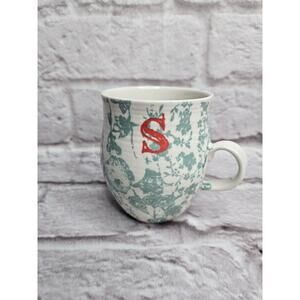 Anthropologie Homegrown Monogram Initial S 14 oz Coffee Mug Cup Green Floral